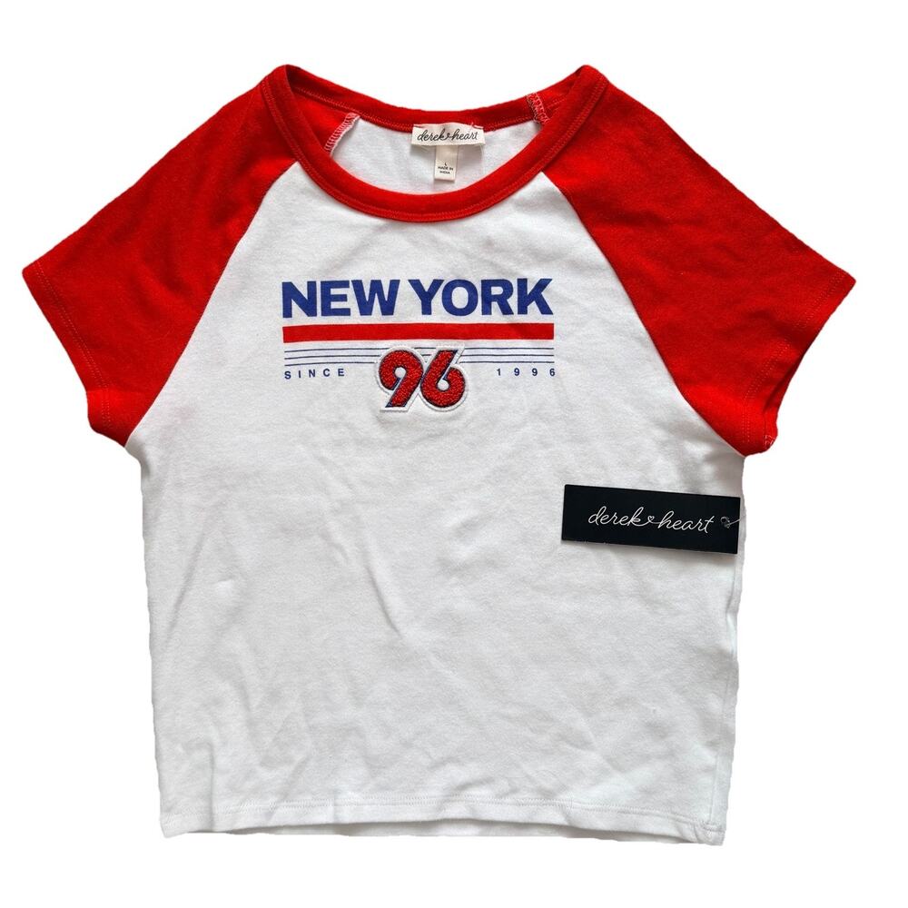 New Derek Heart Womens New York NY 96 T-Shirt Top Crop Sz L NWT Red White